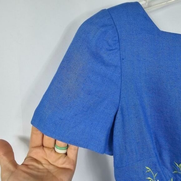 Vtg Maggy London Linen Square Neck Dress Sz 4 Embroidered Beaded Cottagecore - Picture 5 of 10
